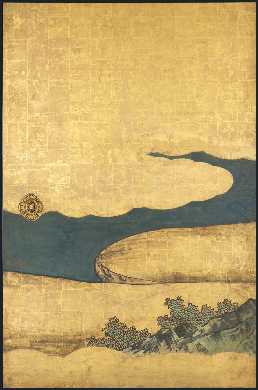 Ein Spiel von Go, aus den Vier Errungenschaften, Anfang des 17. Jahrhunderts (Schiebebildschirm; Tinte, Farbe und Gold auf Papier) von Takanobu Kano