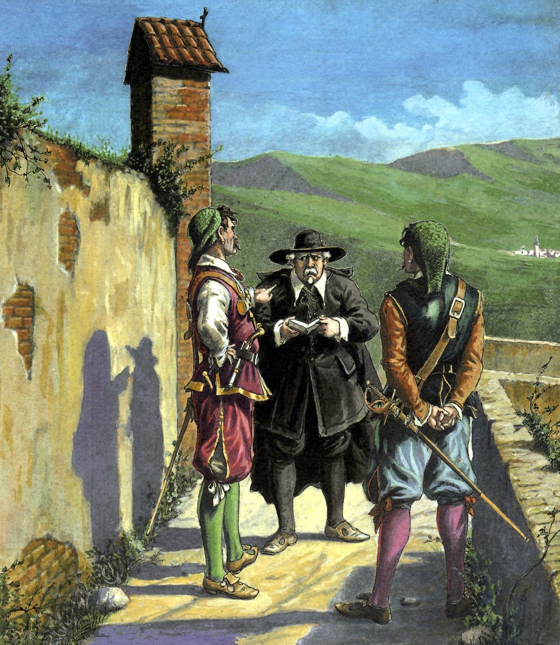 Don Abbondio trifft die Tapferen - Illustration für "Die Liebenden" von Alessandro Manzoni, éd. Nerbini, Florenz von Tancredi Scarpelli
