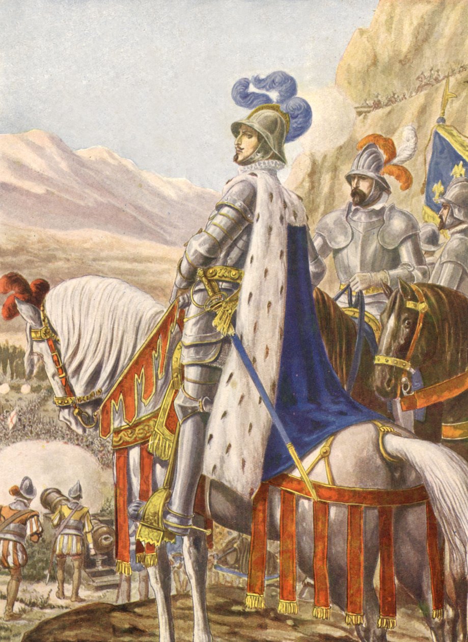 Franz I. von Frankreich während der Schlacht von Marignan 1515, Illustration, 30er Jahre von Tancredi Scarpelli