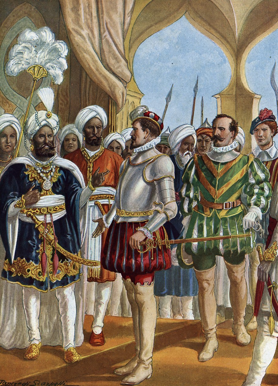 Portugiesischer Navigator Pedro Alvares Cabral (1460-1526) am Hof des Königs (Zamorin) von Calicut (Kozhikode) am 13.09.1500, um die Einrichtung eines Handelsstützpunkts zu verhandeln, Indien von Tancredi Scarpelli