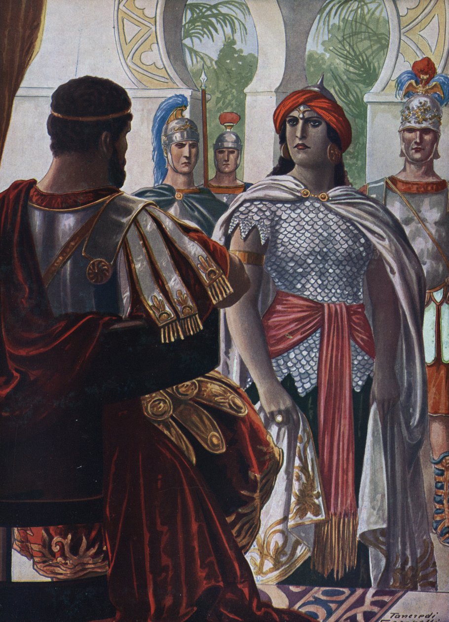 Römische Antike: Die Königin des Palmyrenischen Reiches Zenobia, gefangen vom römischen Kaiser Aurelian, 272 n. Chr. von Tancredi Scarpelli