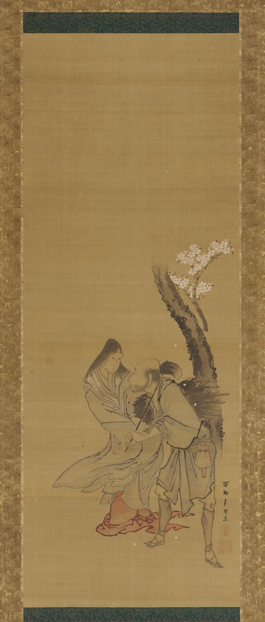 Eine Frau und ein Holzsammler unter einem Kirschbaum von Tawaraya Sōri