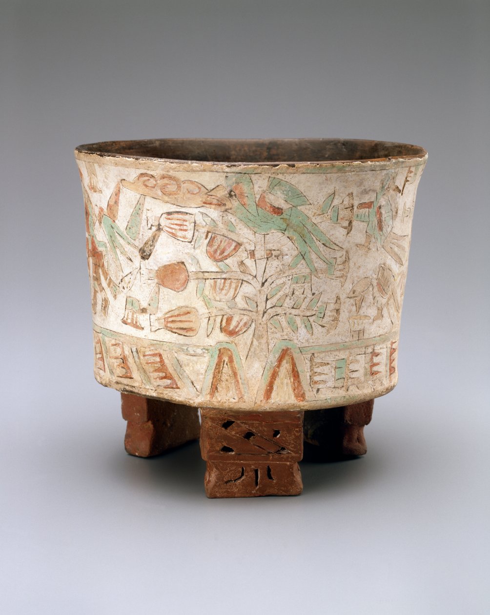 Dreifußvase mit zwei Blasrohrschützen und Quetzalvögeln in Kakaobäumen, Spät-Xolalpan, 550-650 von Teotihuacan Teotihuacan