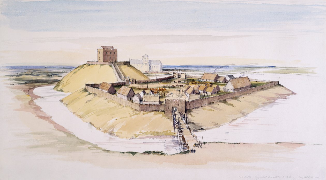 York Castle, wie es kurz nach dem Bau ausgesehen haben könnte, mit dem Münster dahinter von Terry Ball