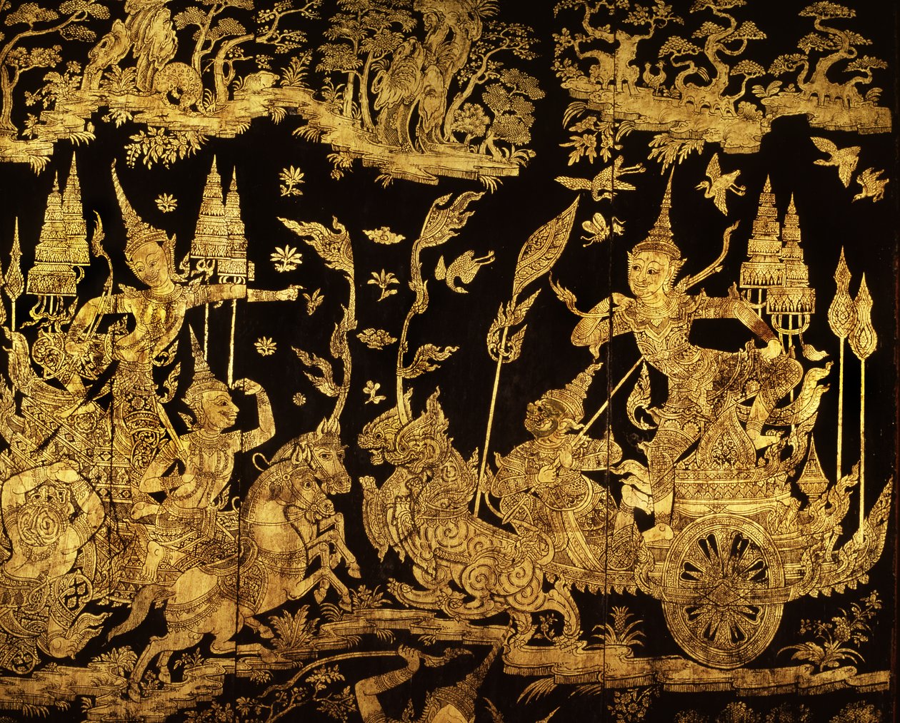 Detail eines Bildschirms mit einer Szene aus dem Ramakien von Thai School