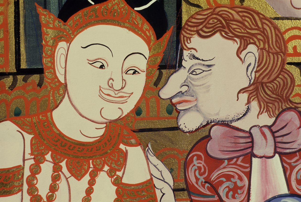 Zeitgenössisches Gemälde im klassischen Stil mit thailändischen und westlichen Menschen von Thai School