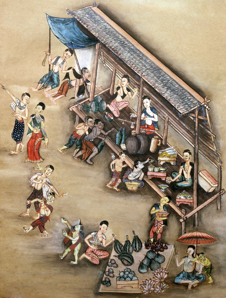 Volksmalerei, die eine Marktszene darstellt von Thai School