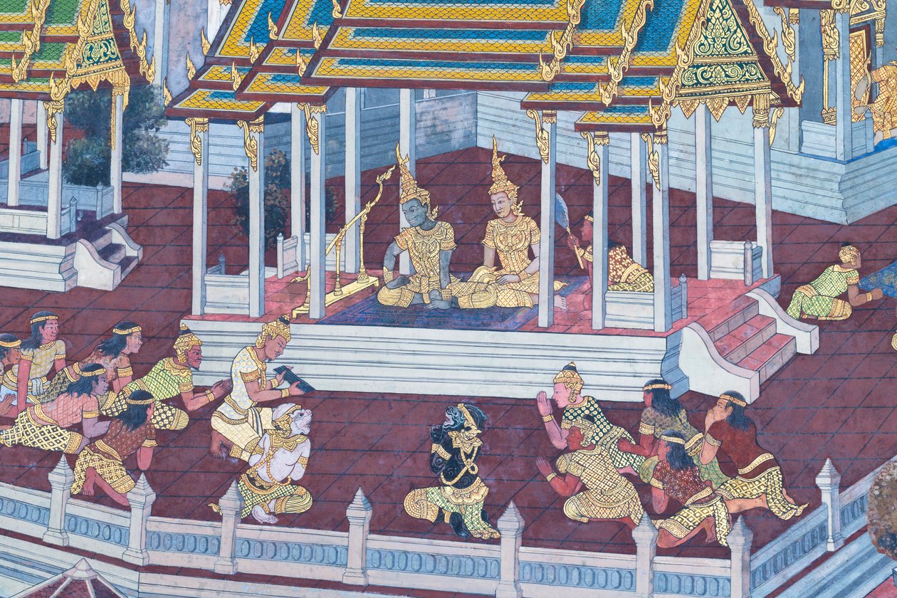 Wandgemälde mit Szenen aus dem Ramayana im Wat Phra Kaeo, dem Königlichen Großen Palast, Bangkok, Thailand von Thai School