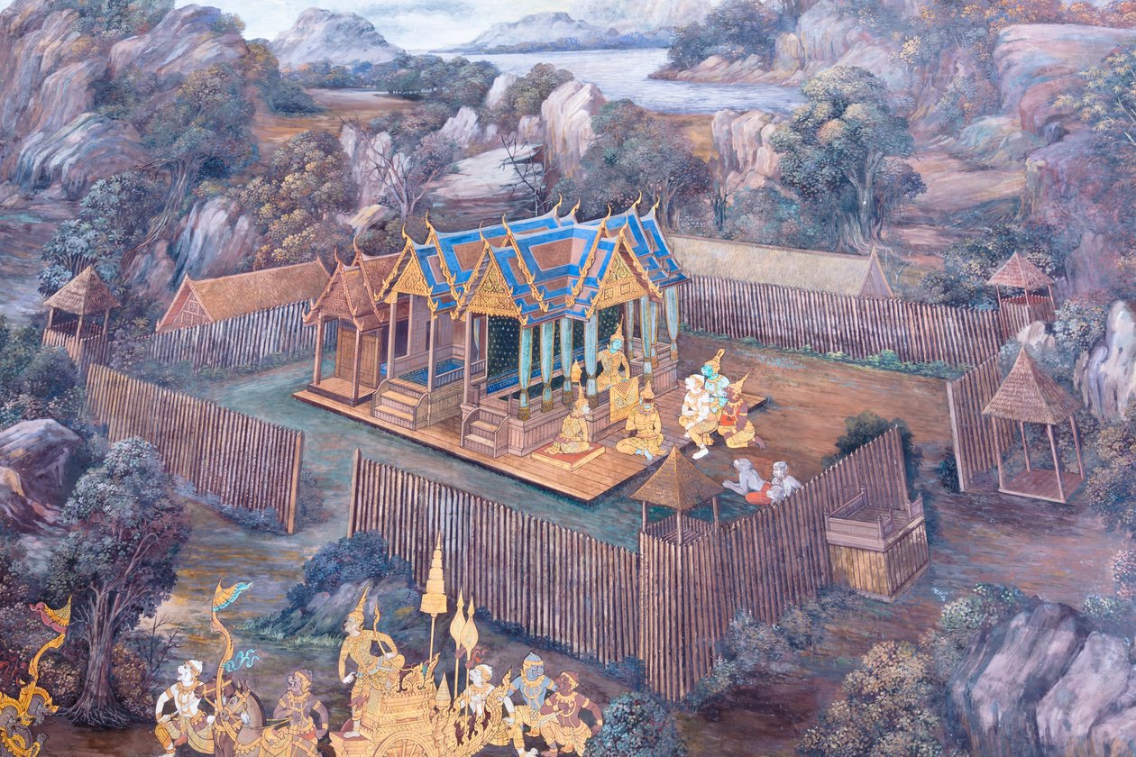 Wandgemälde mit Szenen aus dem Ramayana im Wat Phra Kaeo, dem Königlichen Großen Palast, Bangkok, Thailand von Thai School