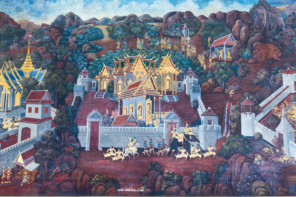 Wandbild mit Szenen aus dem Ramayana im Wat Phra Kaeo, dem Königlichen Großen Palast, Bangkok, Thailand von Thai School