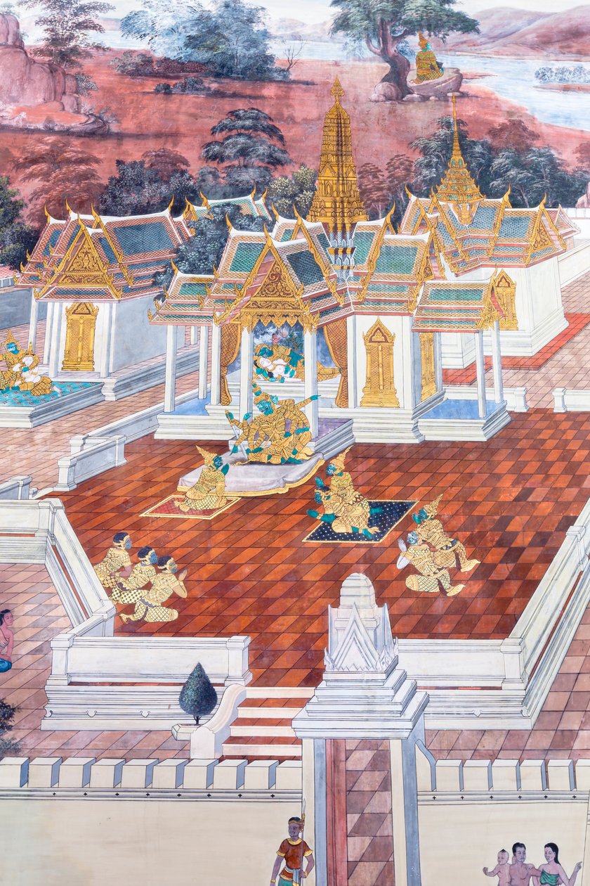 Wandmalerei, die Szenen aus dem Ramayana im Wat Phra Kaeo, dem Königlichen Großen Palast, Bangkok, Thailand, darstellt von Thai School