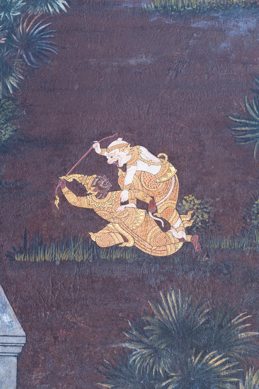 Wandgemälde mit Szenen aus dem Ramayana im Wat Phra Kaeo, dem Königspalast, Bangkok, Thailand von Thai School