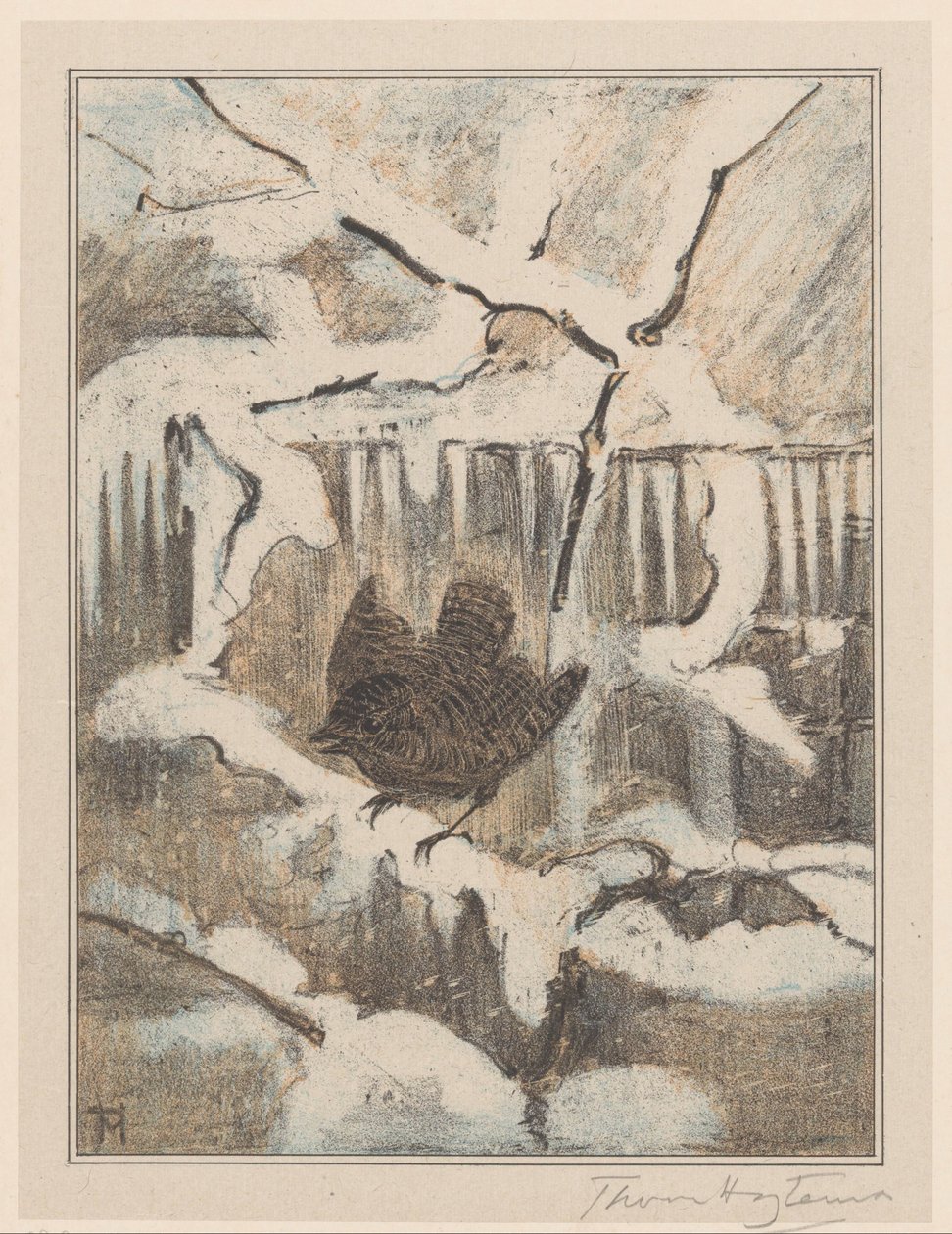 Zaunkönig auf verschneitem Ast von Theo van Hoytema (signed by artist)