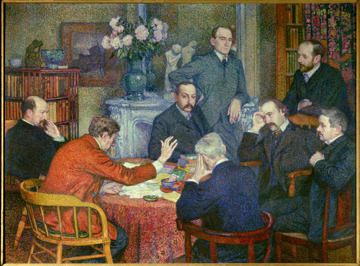 La Lecture (1903), inszeniert um Emile Verhaeren (1855-1916), belgischer sozialistischer Dichter, Maler Cross, Schriftsteller Maurice Maeterlinck, Andre Gide und Francis Viele-Griffin, Biologe Henri Gheon, Arzt Felix Le Dantec und Felix Feneon, der eine Zi von Théo van Rysselberghe