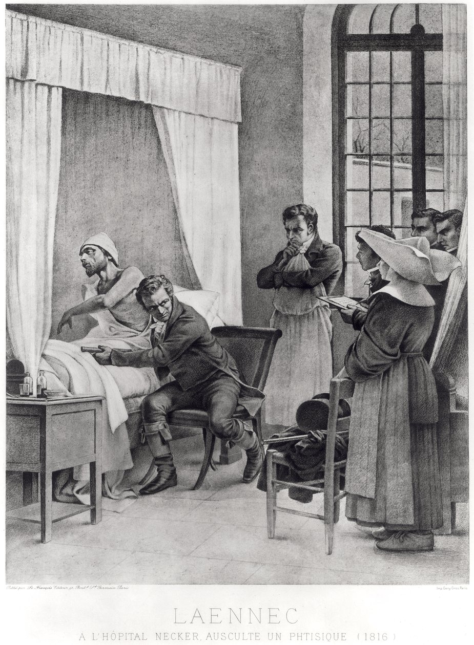 Rene Theophile Hyacinthe Laennec hört die Brust eines Mannes mit Tuberkulose ab, 1816 von Theobald Chartran