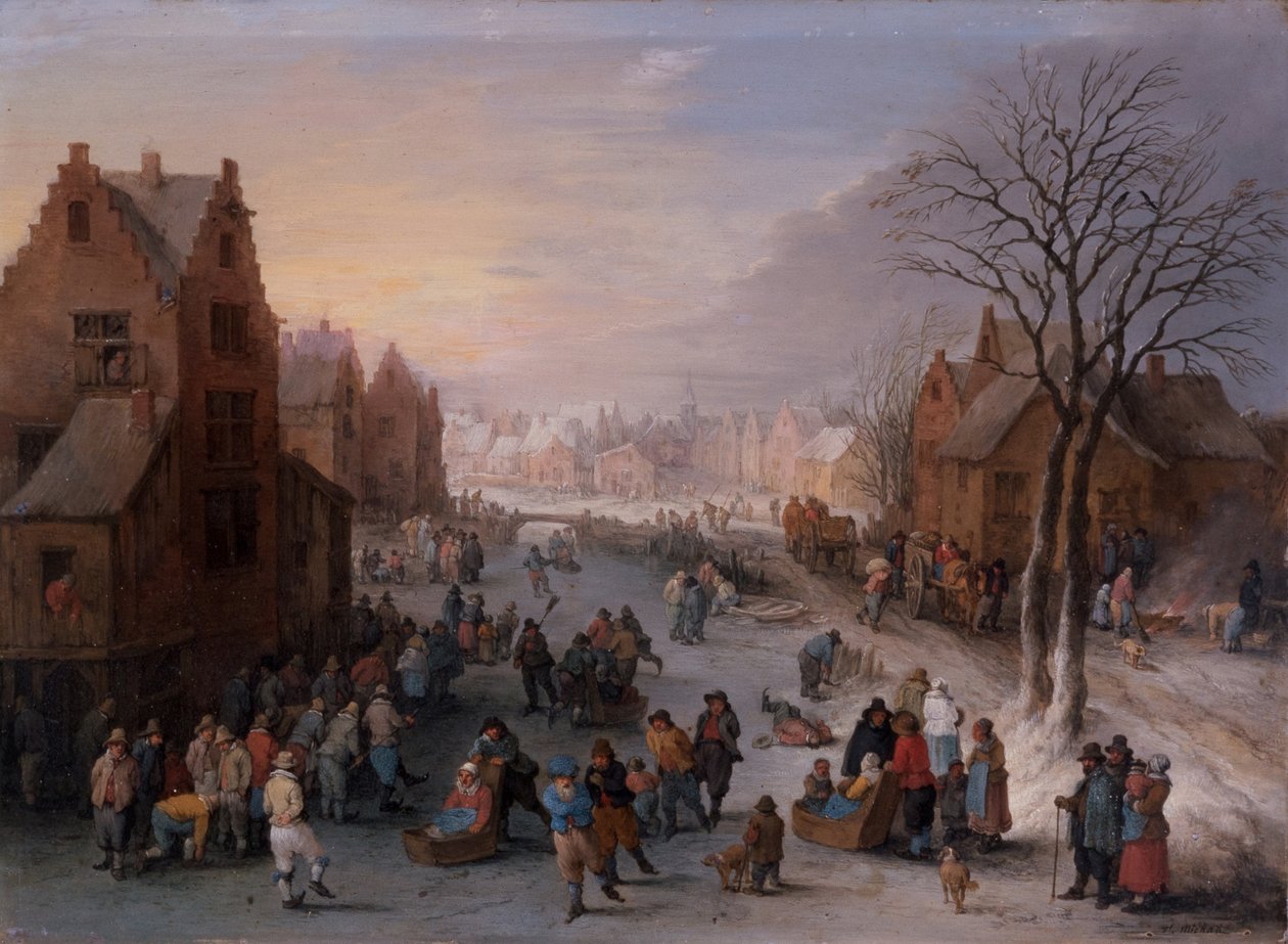 Eine Winterstadtlandschaft mit zahlreichen Figuren von Theobald Michau
