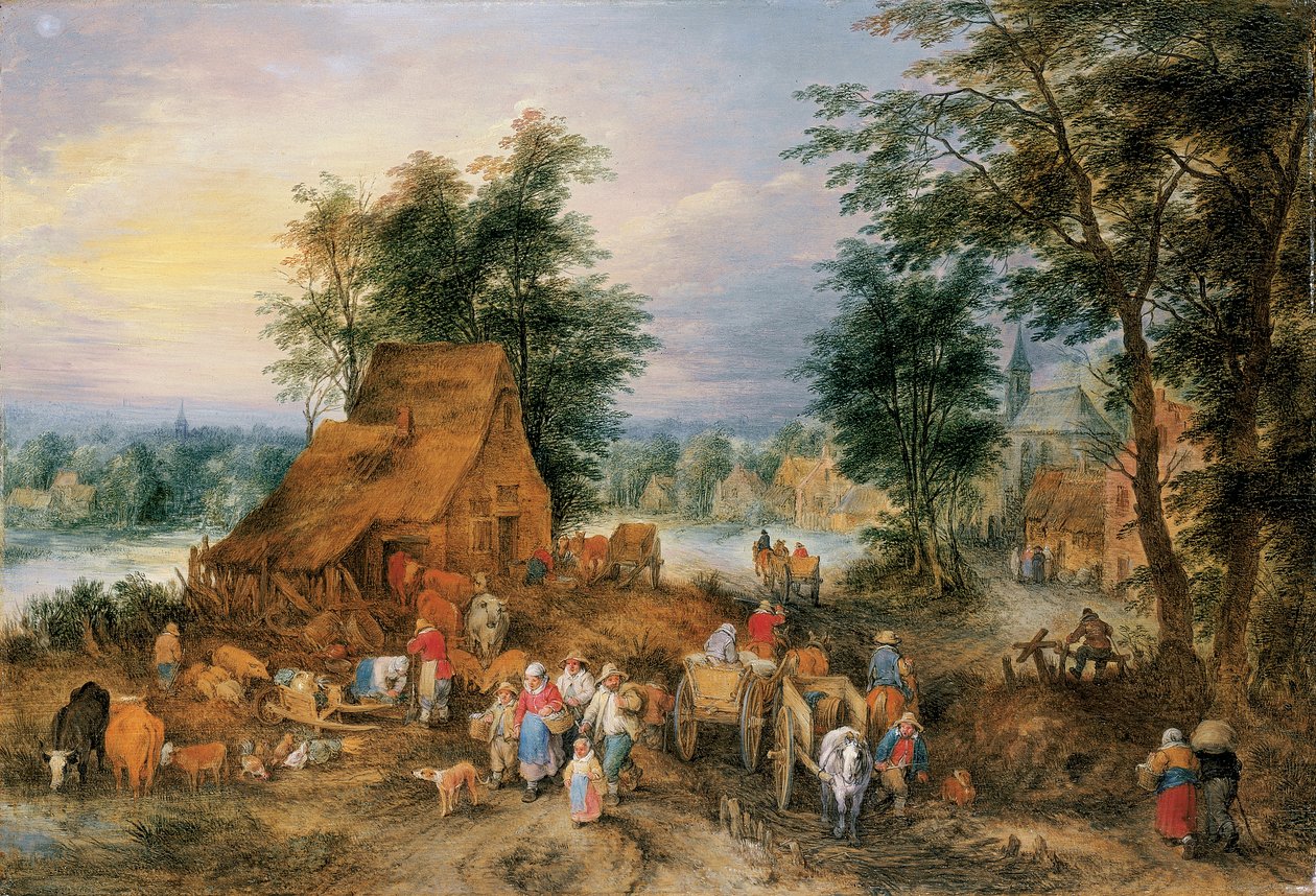 Dorfszene mit arbeitenden Bauern von Theobald Michau