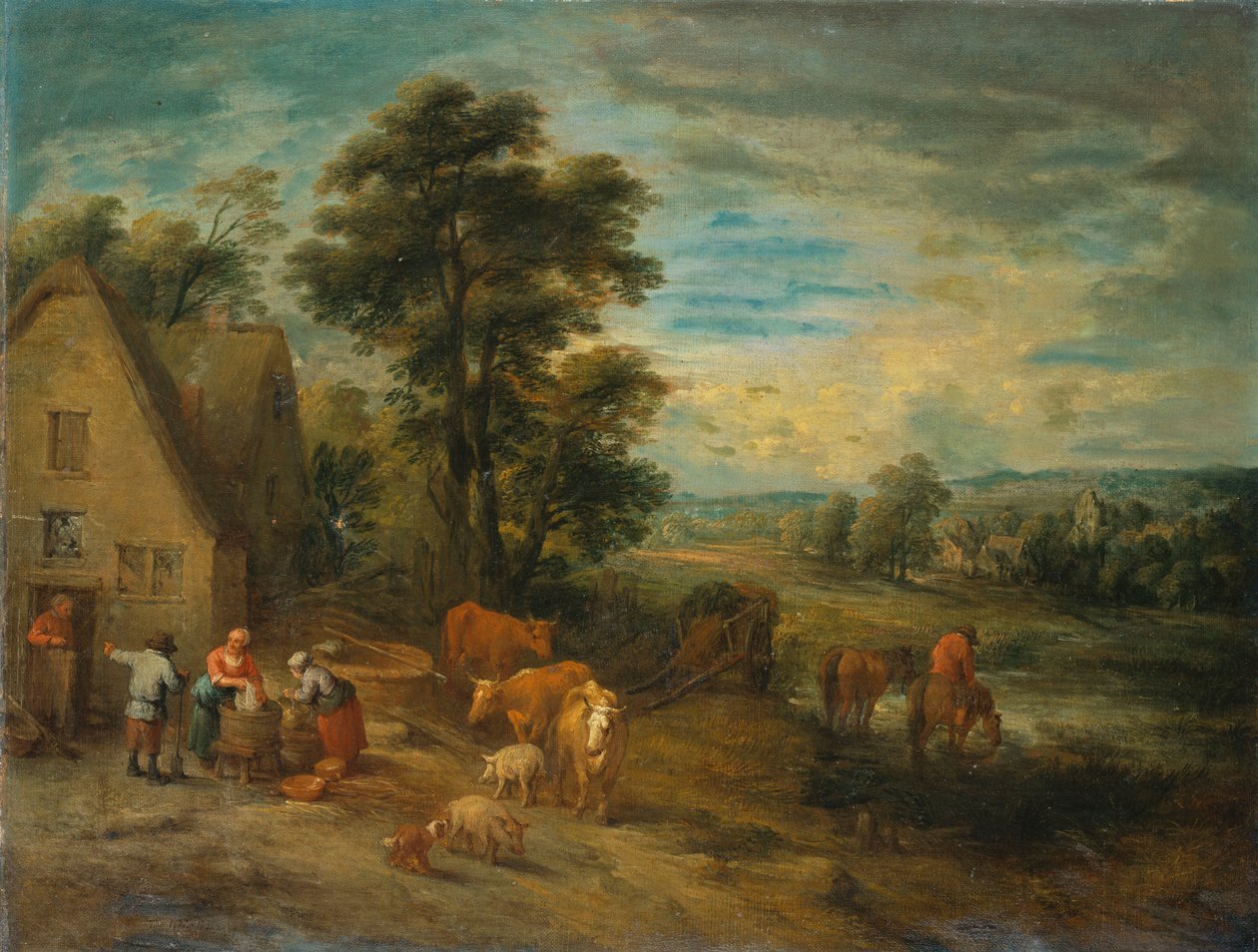 Landschaft mit Bauern und Vieh bei einem Cottage von Theobald Michau