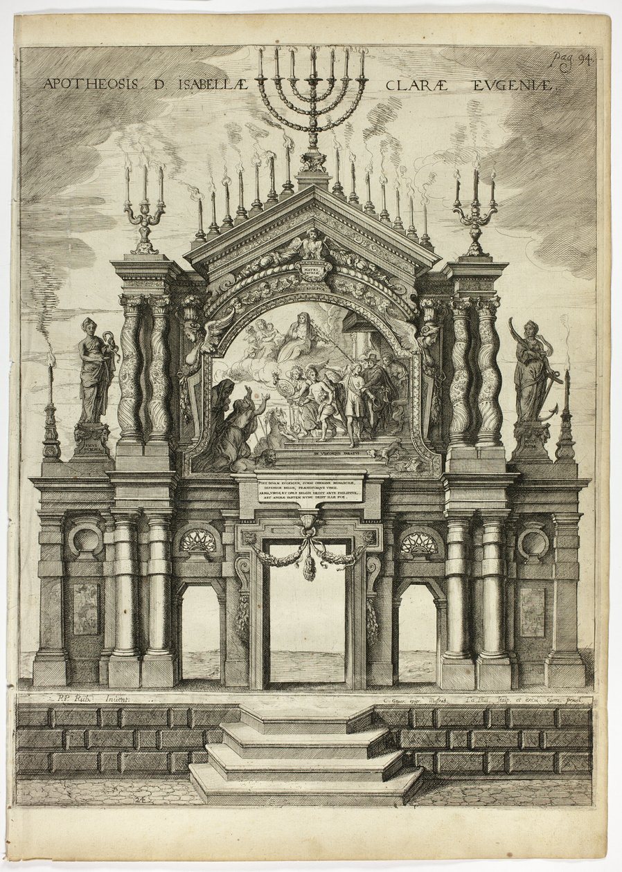 Bühne in Erinnerung an Isabella Clara Eugenia, Platte 24 aus Casperius Gevartius, Pompa Introitus Honori Serenissimi Principis Ferdinandi (Triumphaler Einzug des höchst ehrwürdigen und ehrenwerten Kardinal-Infanten Ferdinand) von Theodoor van Thulden