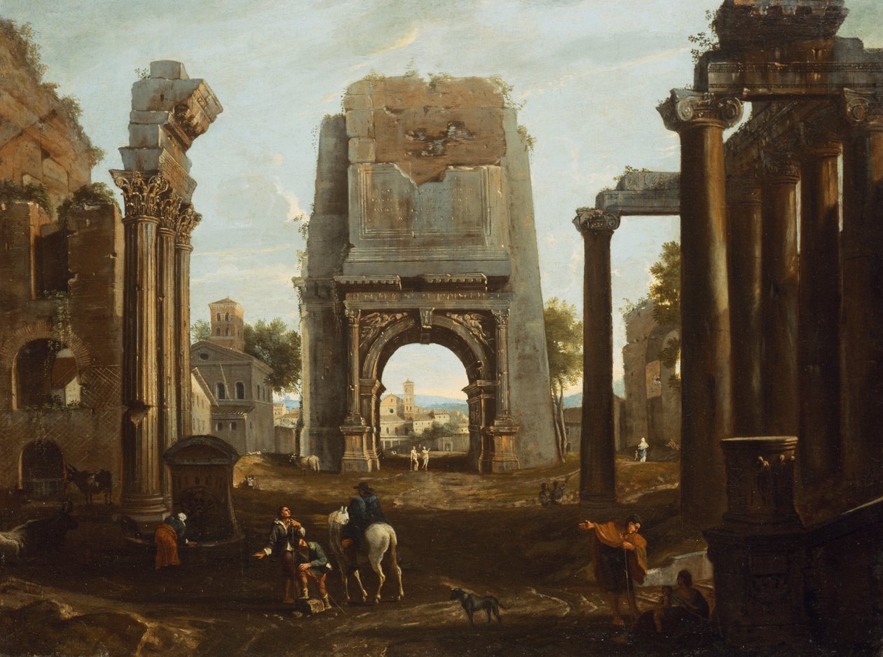 Ein Capriccio römischer Ruinen mit dem Titusbogen und Figuren von Theodor (circle of) Helmbreker