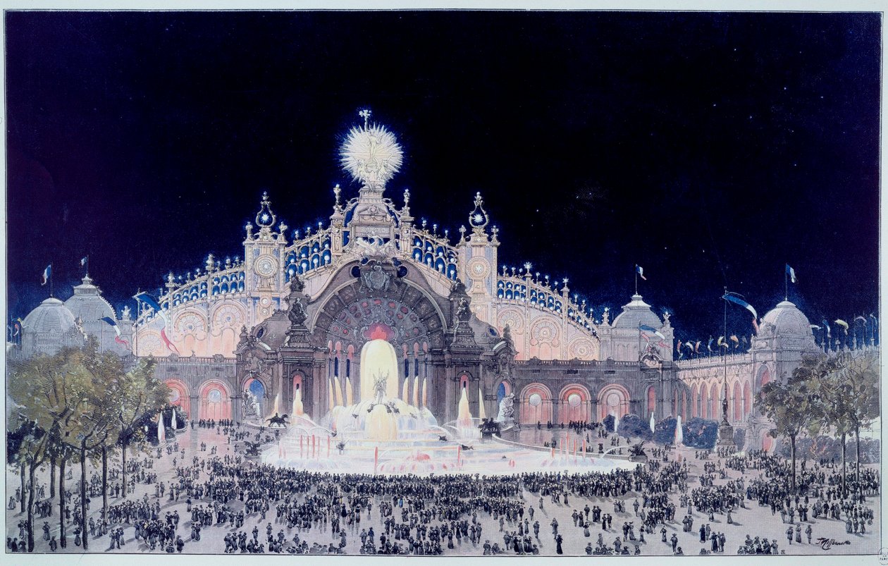 Weltausstellung: Blick auf den Palast der Elektrizität und das Wasserschloss in Paris 1900 von Theodor Josef Hubert Hoffbauer