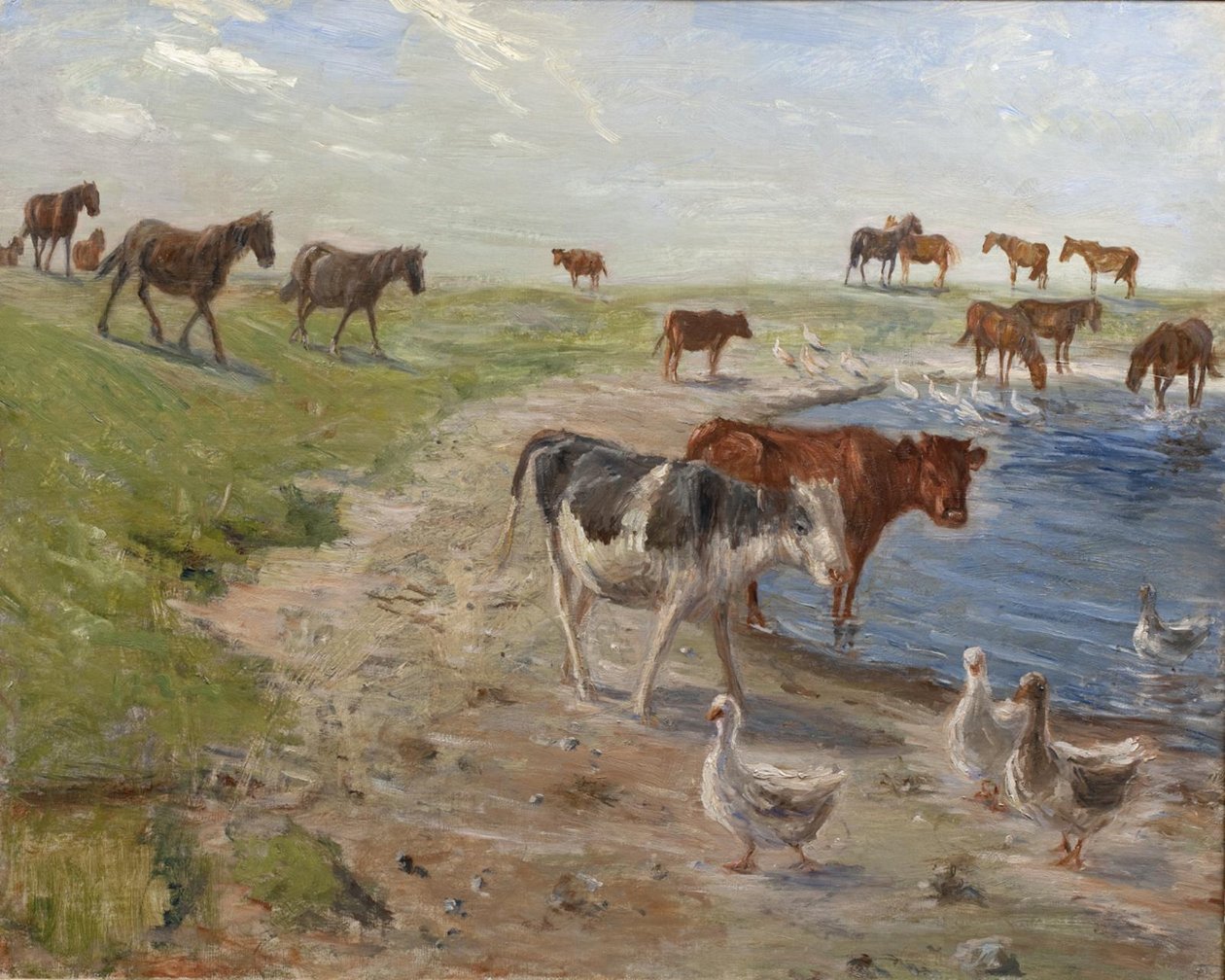 Kälber und Gänse an einer Tränke auf der Insel Saltholm von Theodor Philipsen