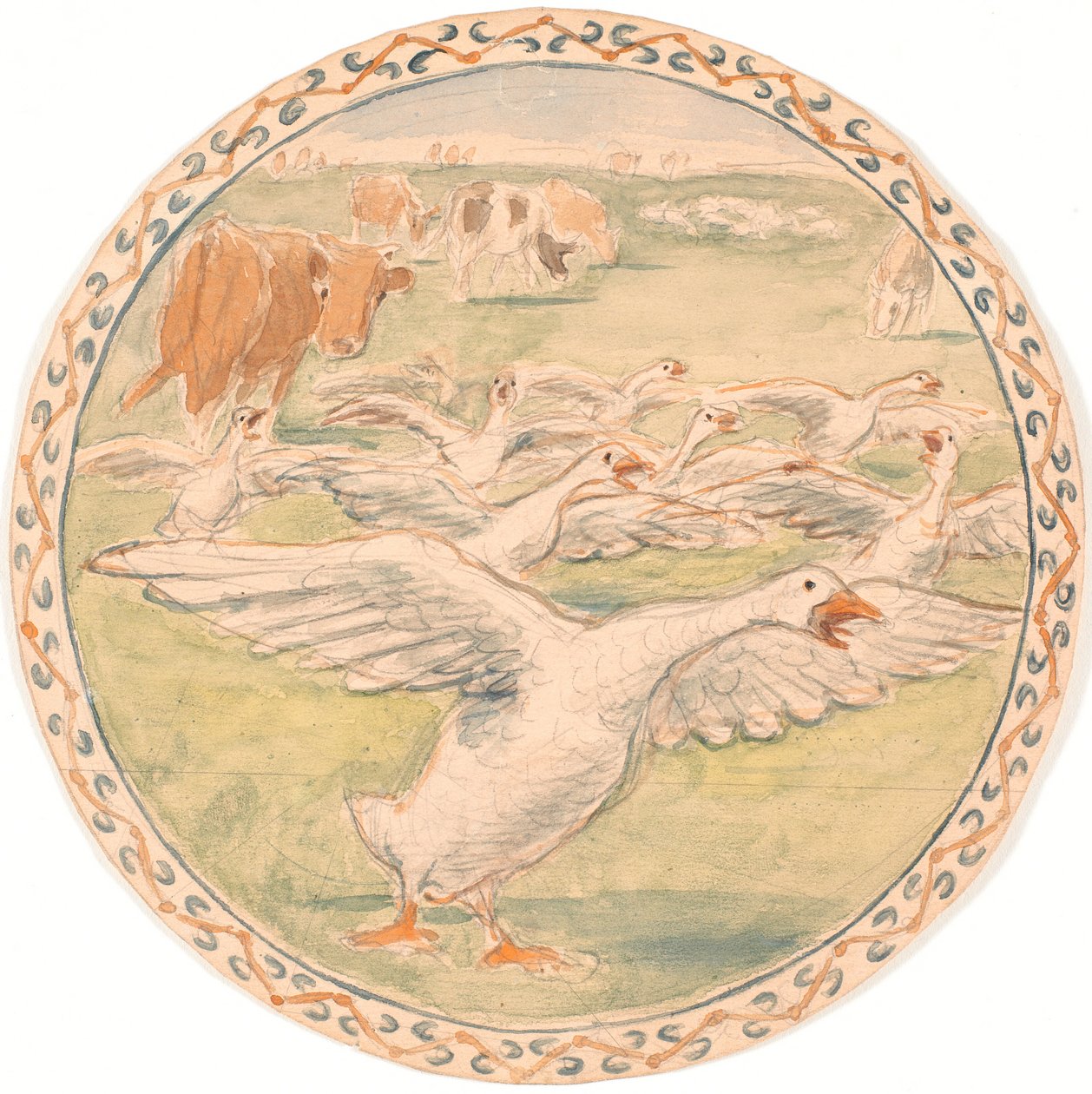 Weidende Kühe und schnatternde Gänse (Entwurf für eine Keramikschale) von Theodor Philipsen