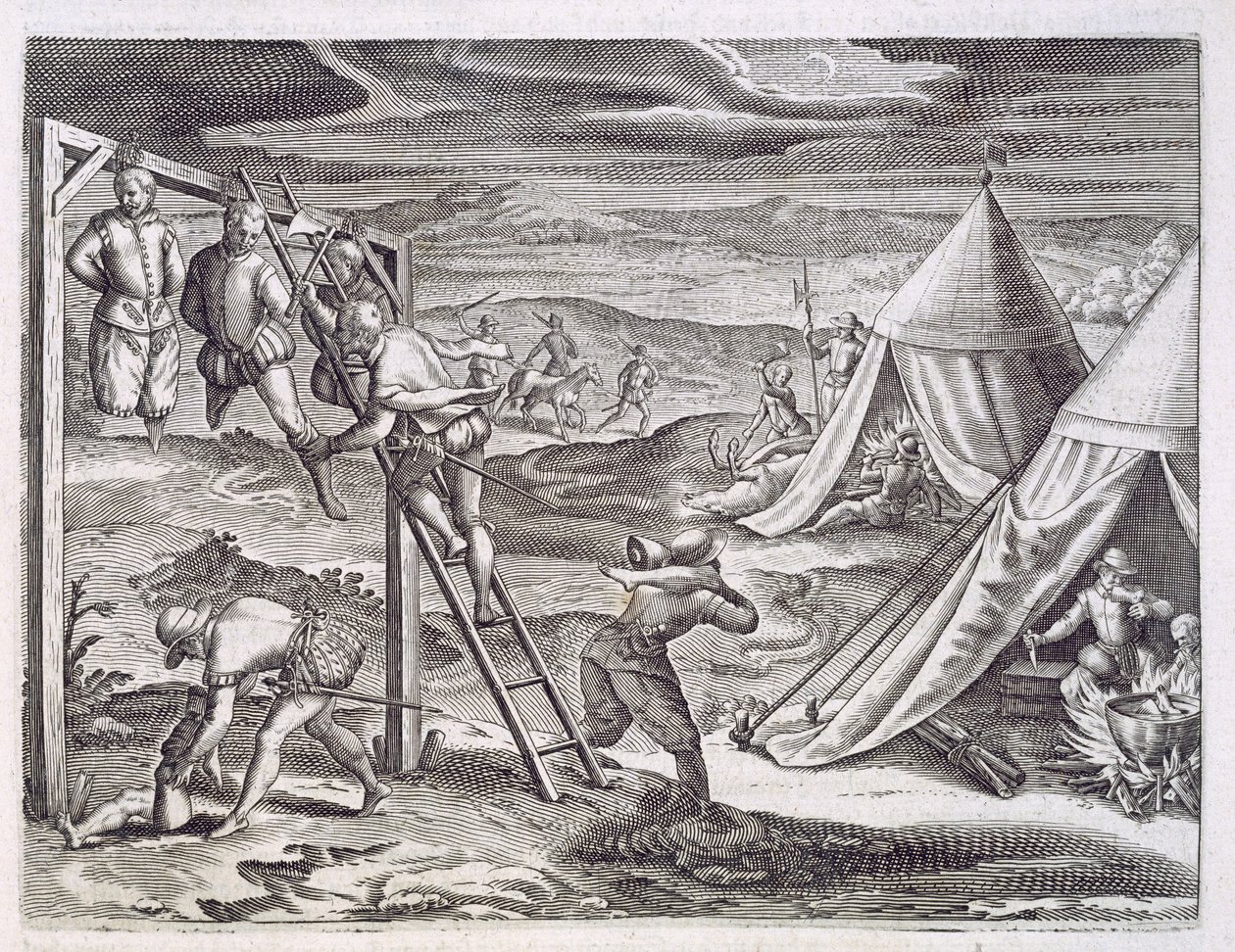 Hängen und Verstümmeln von 3 Dieben, Rio de la Plata, um 1536, aus 