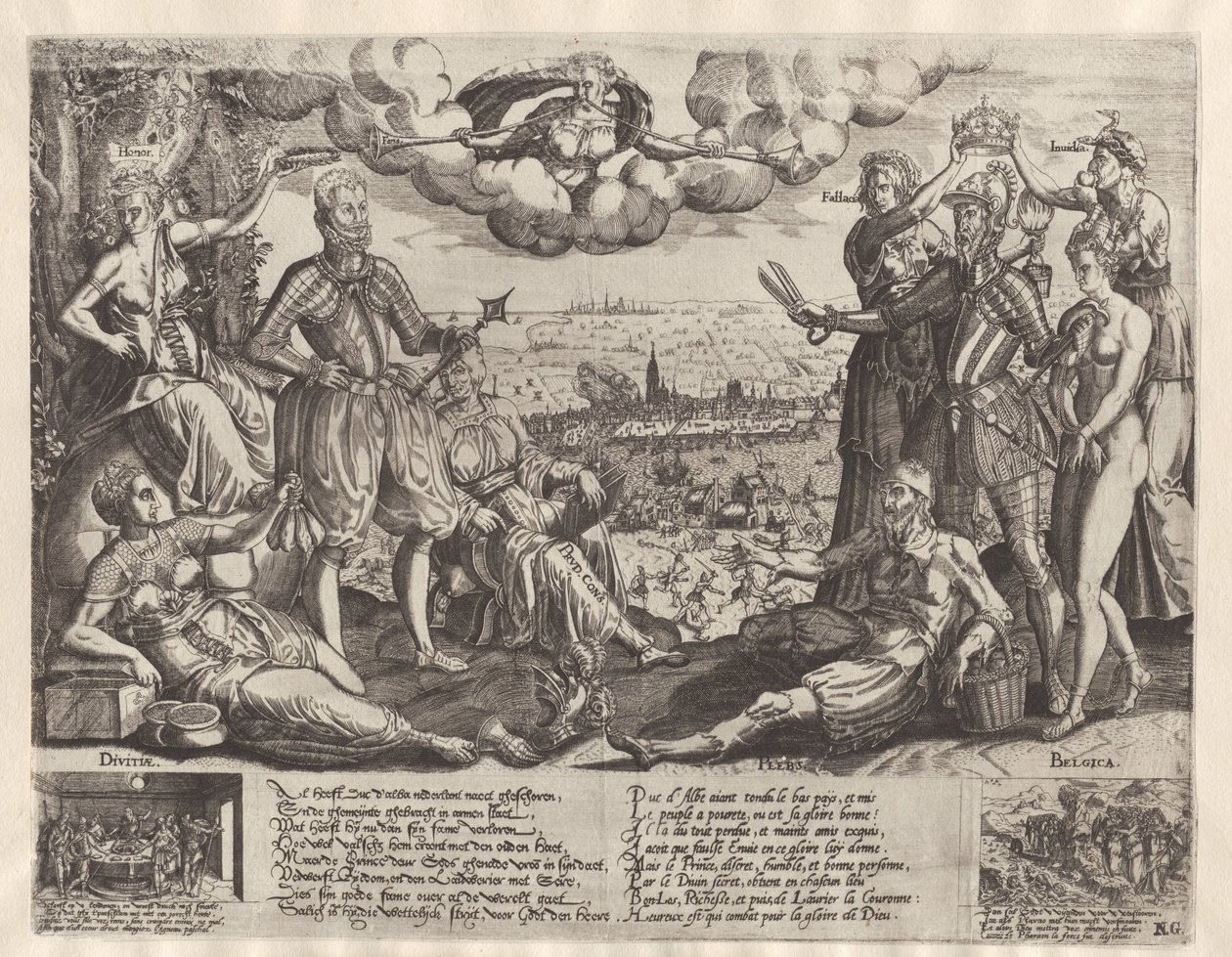 Vergleich zwischen Oranien und Alva, mit im Hintergrund die Spanische Furie, ca. 1577 von Theodor de Bry (attributed to)