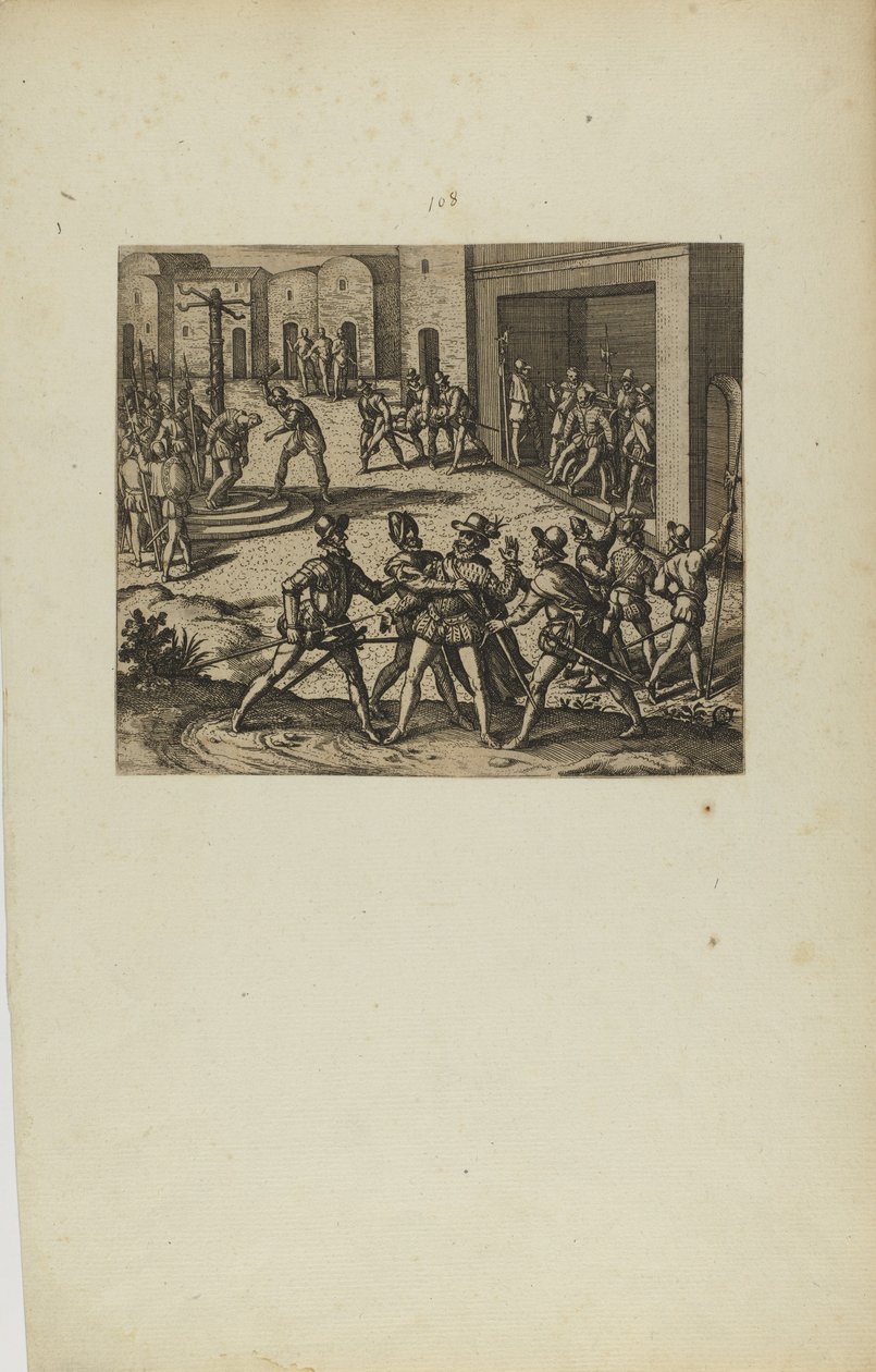 (Jacobus Almagrus a Ferdinando Pizarro Invincula Coniicitur in Carcere....) (aus dem Buch, Americae, Teil sechs) von Theodor de Bry