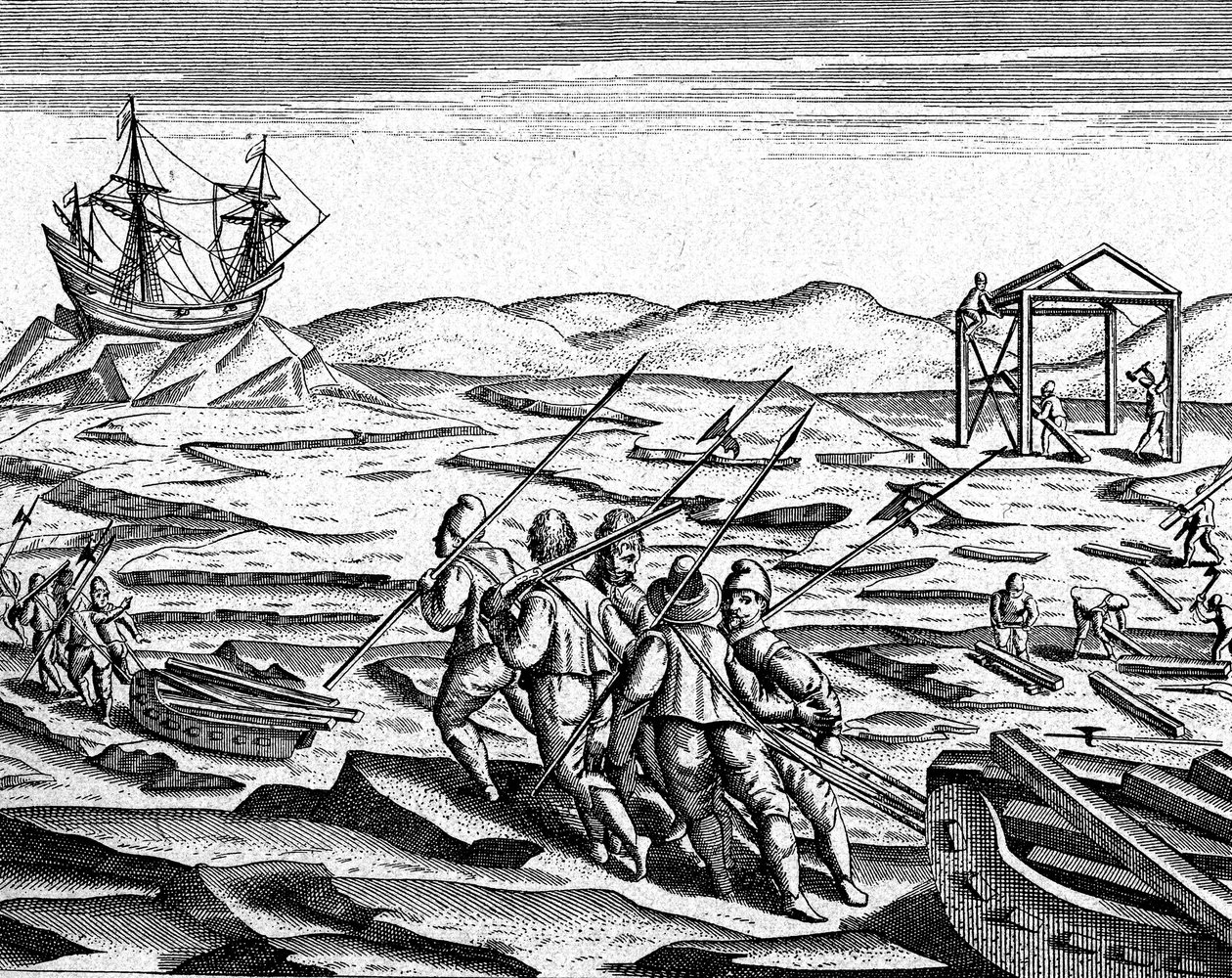 Bau eines Hauses für den Winter am Nordpol von Theodor de Bry