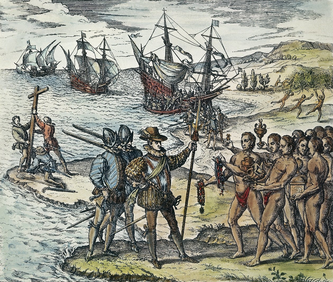Columbus landet in den Indischen Inseln. 1594 (Holzschnitt) von Theodor de Bry