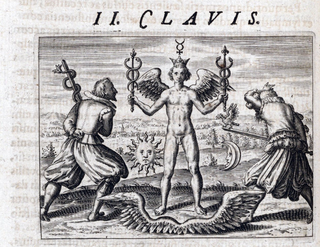 Symbolische Komposition der Alchemie, ein nackter junger Mann, geflügelt und gekrönt, schwingt zwei Kaduzeen, umgeben von Mond und Sonne, gegenüber bewaffneten Männern mit Schwertern, die einen Adler und eine Schlange tragen - Gravur von Theodor de Bry (15 von Theodor de Bry