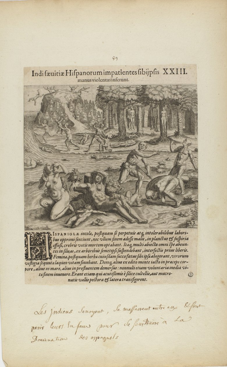 Indisaeuitiae Hispanorum Impatientes Sibi Psis/Manus Violentas Inserunt. XXIII. (aus dem Buch, Americae, Teil vier) von Theodor de Bry