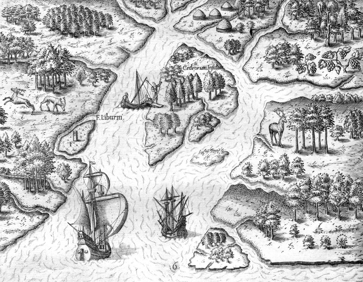 Jean Ribault errichtet eine Säule mit den Wappen des Königs von Frankreich in Charlesfort von Theodor de Bry