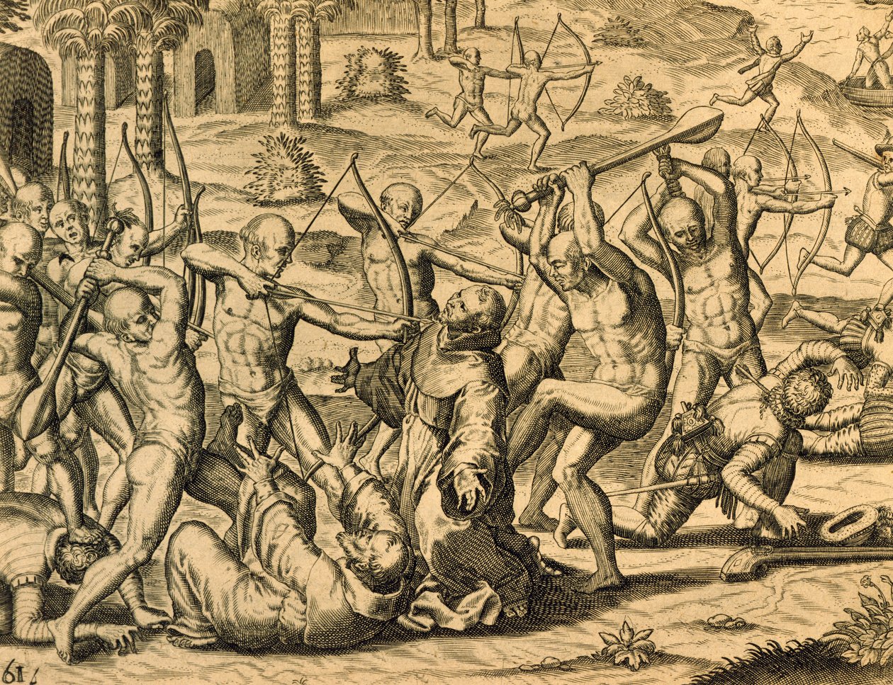 Martyrium von Missionsmönchen in Südamerika, Gravur aus Historia Americae von Theodor de Bry (1528-1598), Frankfurt von Theodor de Bry