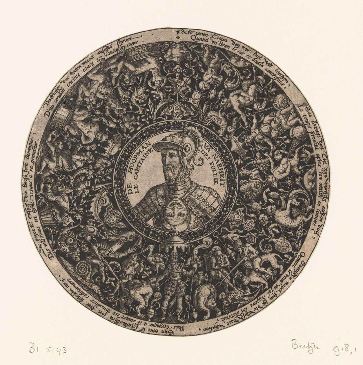 Medaillon mit Büste des Kapitäns der Torheit, Theodor de Bry, ca. 1577 - ca. 1578 von Theodor de Bry