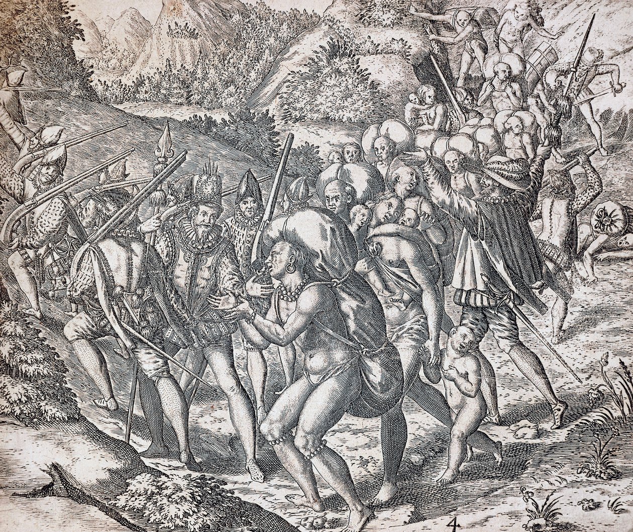 Eingeborene werden auf Schiffe verladen, um in Sevilla in die Sklaverei gebracht zu werden, Kupferstich von Theodor de Bry (1528-1598), Antillen von Theodor de Bry