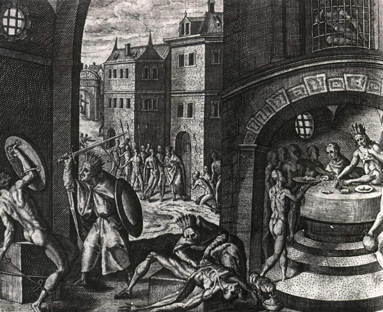 Priester tötet Opfer eines fingierten Kampfes und häutet dann den Körper, Mexiko, Gravur aus Peregrinationes, von Theodor de Bry (1528-1598) von Theodor de Bry