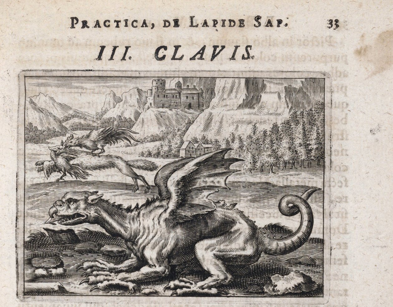 Ein Drache, im Hintergrund ein Huhn stehlender Wolf, angegriffen von einem Hahn von Theodor de Bry