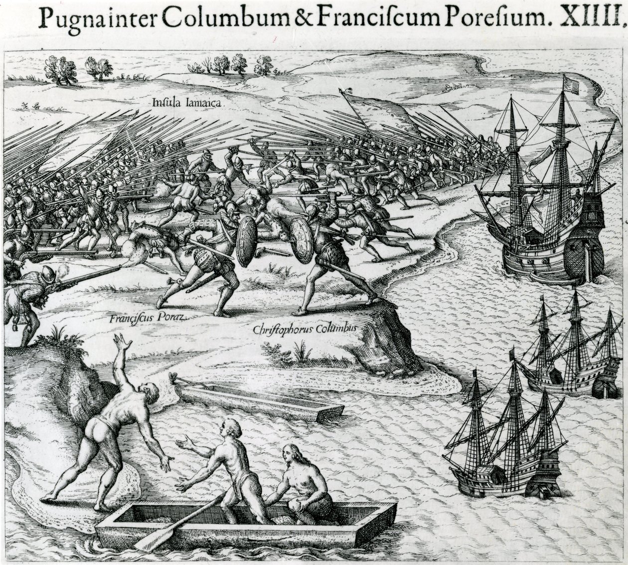 Schlacht in Jamaika zwischen Christoph Kolumbus (1451-1506) und Francisco Poraz, 1504, aus 