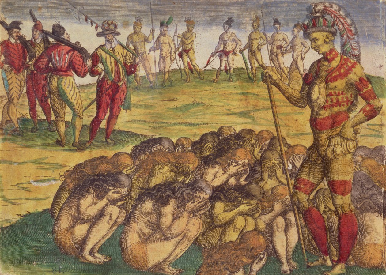 Eroberung der Azteken durch die spanischen Kolonisten, Buchillustration, ca. 1550 von Theodore de Bry