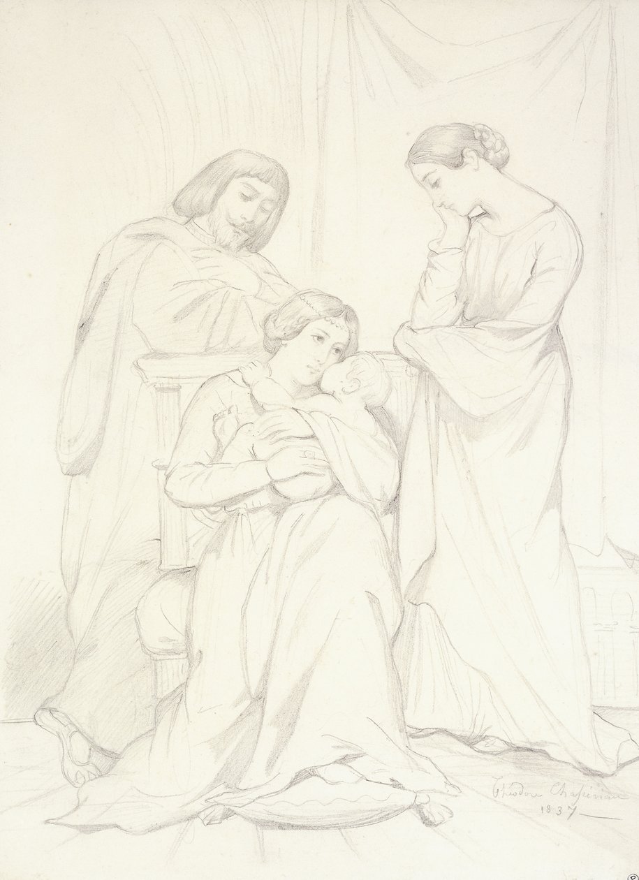 Vermutliches Porträt des Comte Oscar de Ranchicourt und seiner Familie in Troubadour-Kostümen von Théodore Chassériau