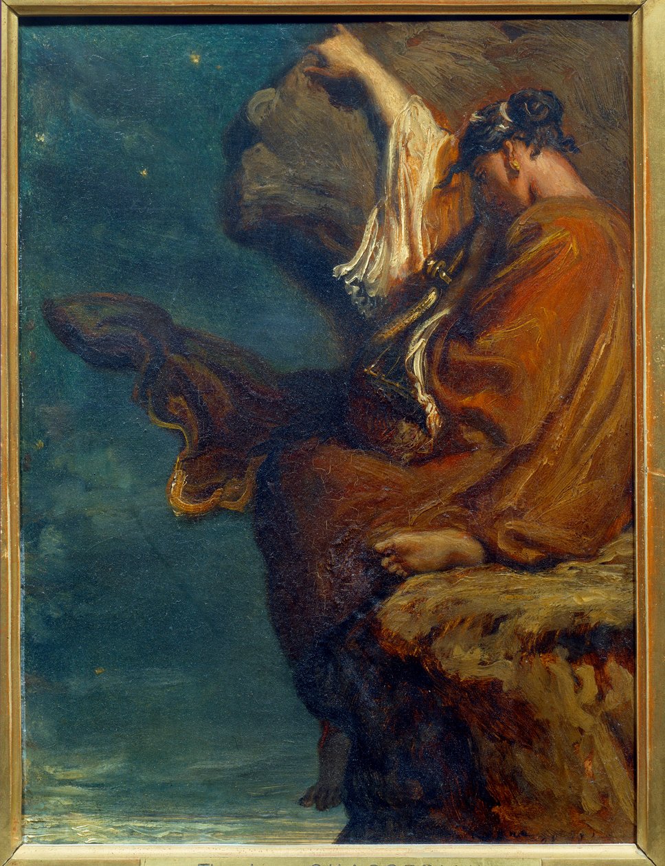Sapho - Die griechische Dichterin Sapho (um 600 v. Chr.) sitzt auf einem Felsen und blickt melancholisch aufs Meer von Théodore Chassériau