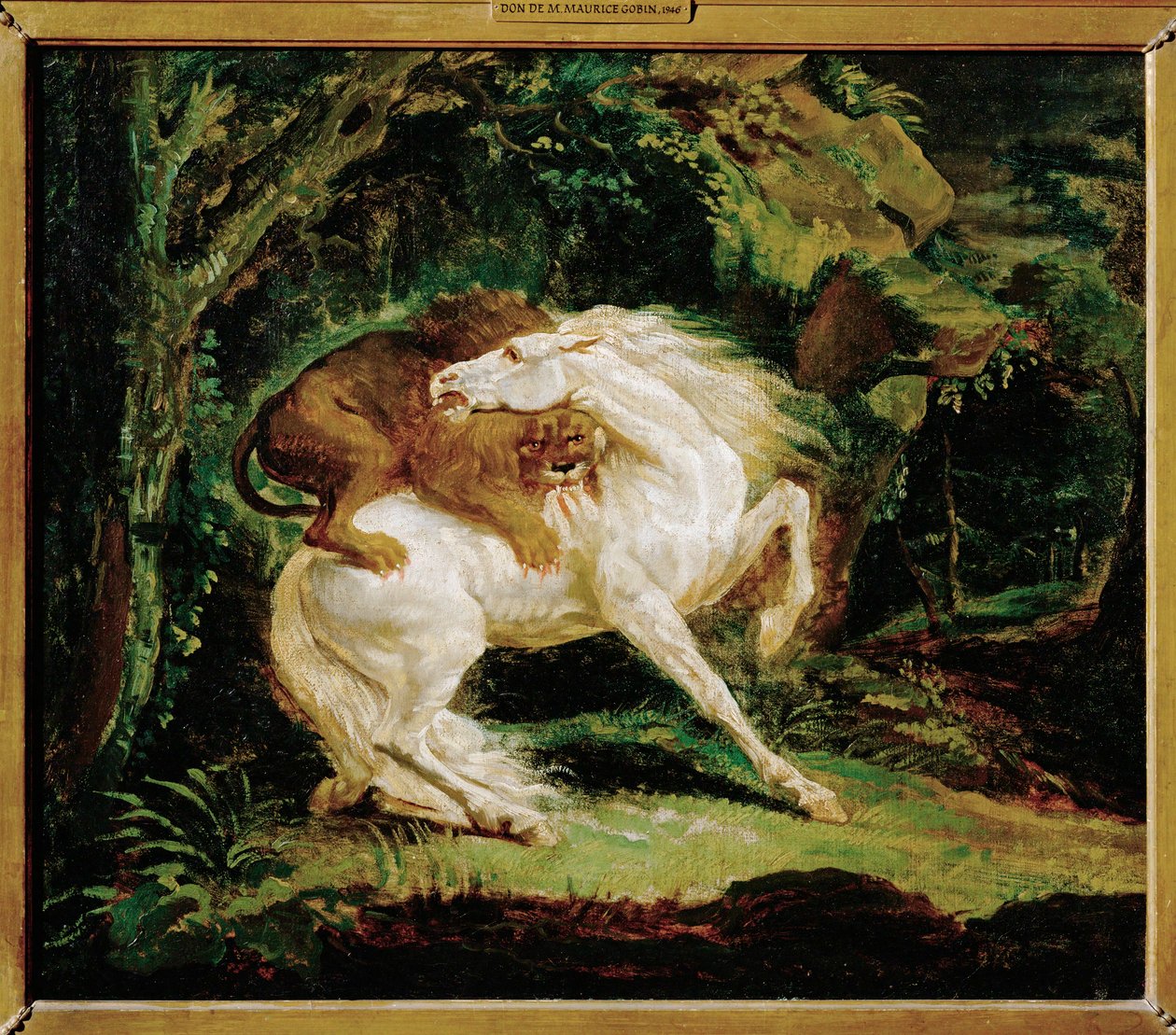 Pferd von einem Löwen angegriffen, nach einer Radierung von Laurie und einem Gemälde von George Stubbs von Theodore Gericault