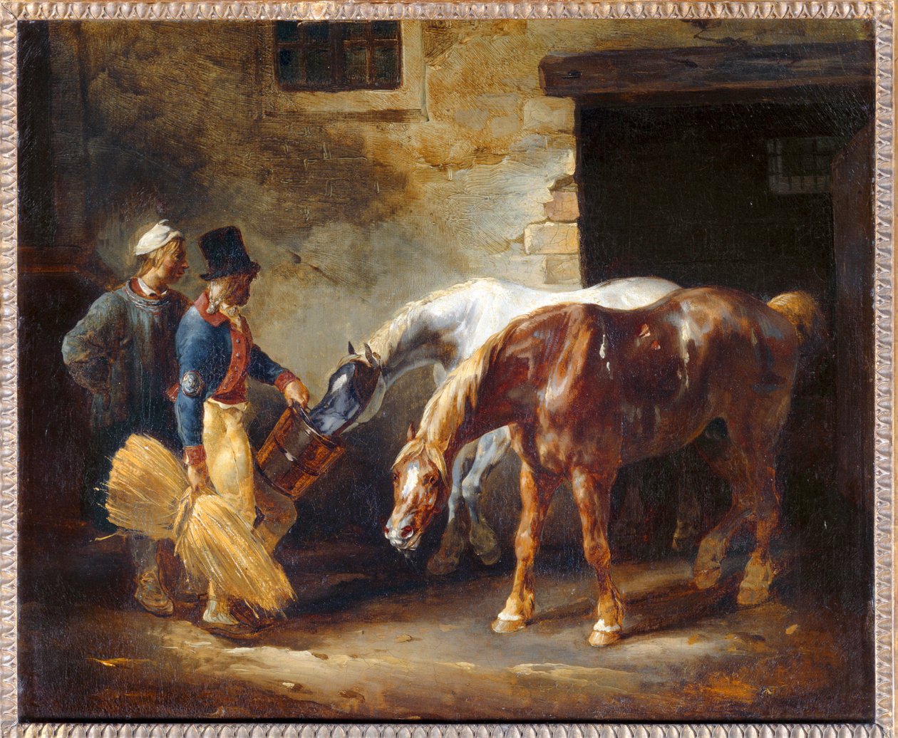 Zwei Postpferde vor der Tür eines Stalls. Salon de Douai von Theodore Gericault