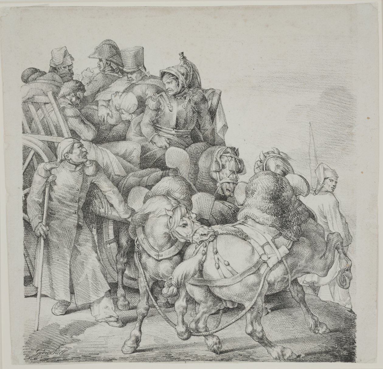Pferdewagen voller verwundeter Soldaten, Lithographie von C. Motte von Theodore Gericault
