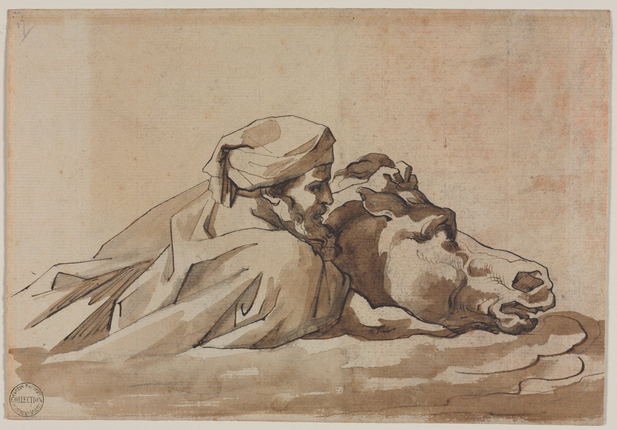 Mann, der ein Pferd im Wasser umklammert, nach Poussins "Sintflut" (recto) von Theodore Gericault