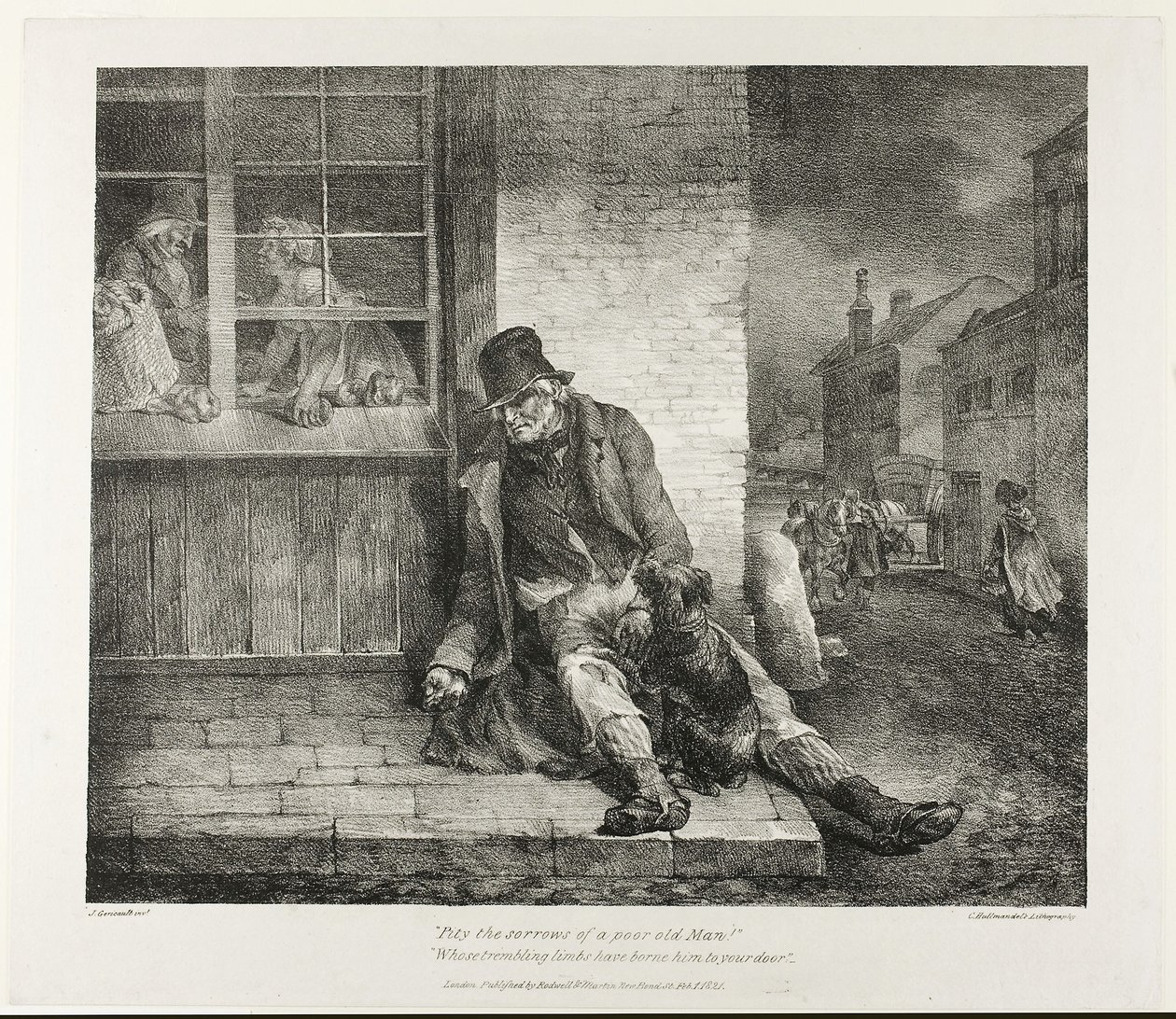 Erbarmt euch der Leiden eines armen alten Mannes!... 1821 (Lithografie in Schwarz auf elfenbeinfarbenem Velinpapier) von Theodore Gericault