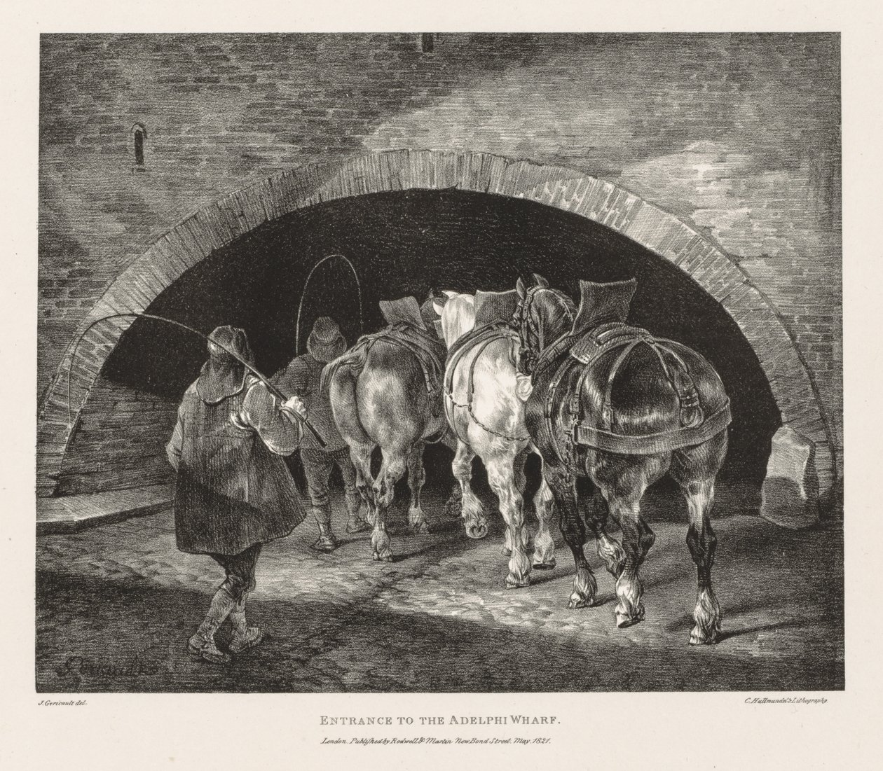 Verschiedene Themen aus dem Leben und auf Stein gezeichnet: Eingang zum Adelphi Wharf, 1821 von Theodore Gericault